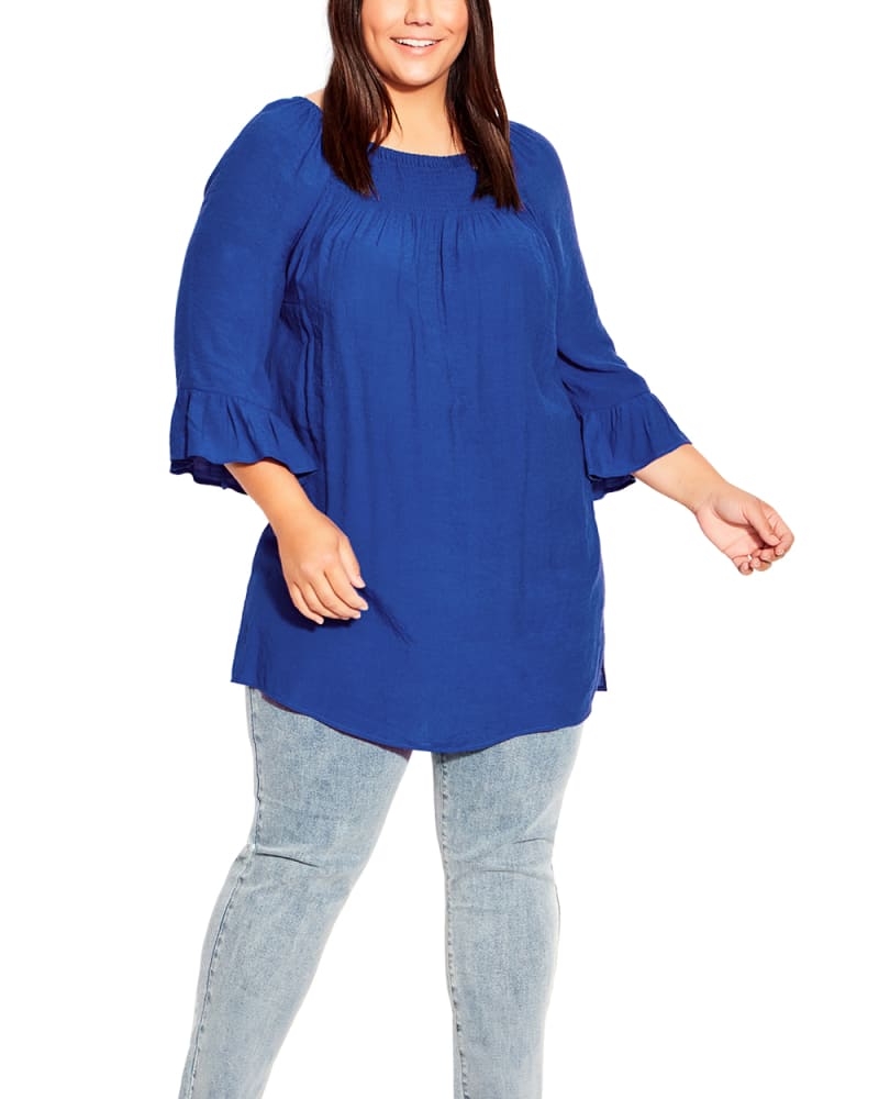 Front of a model wearing a size 16 Amara Flutter Sleeve Top in Marine by avenue. | dia_product_style_image_id:297779